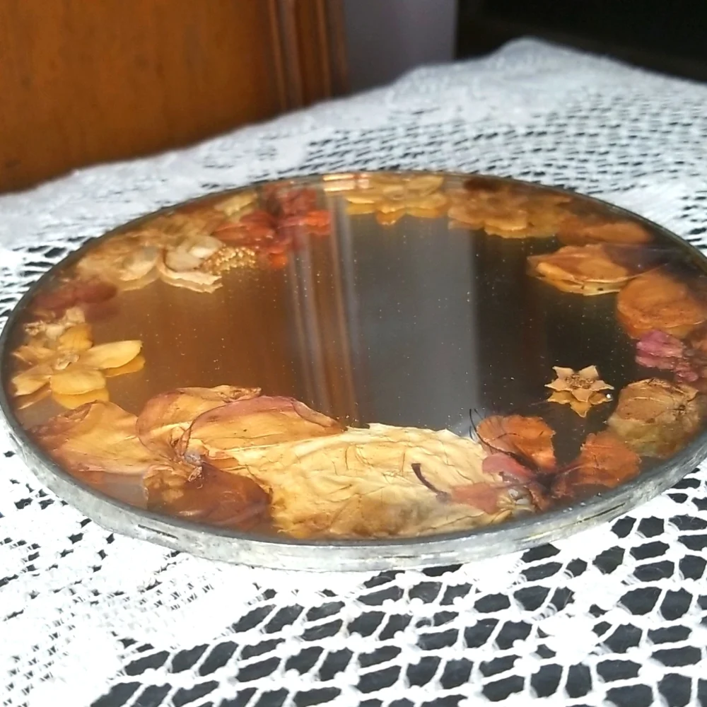 Vintage Handcrafted in Hawaii Mirror Trimmed with Pressed Flowers